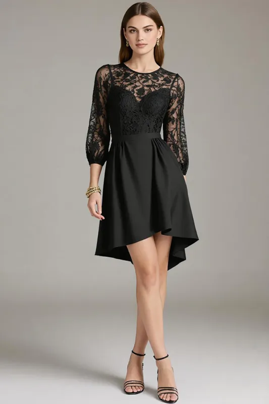 Black Lace A Line Round Neck Short Cocktail Dress with Sleeves sold by Zapaka