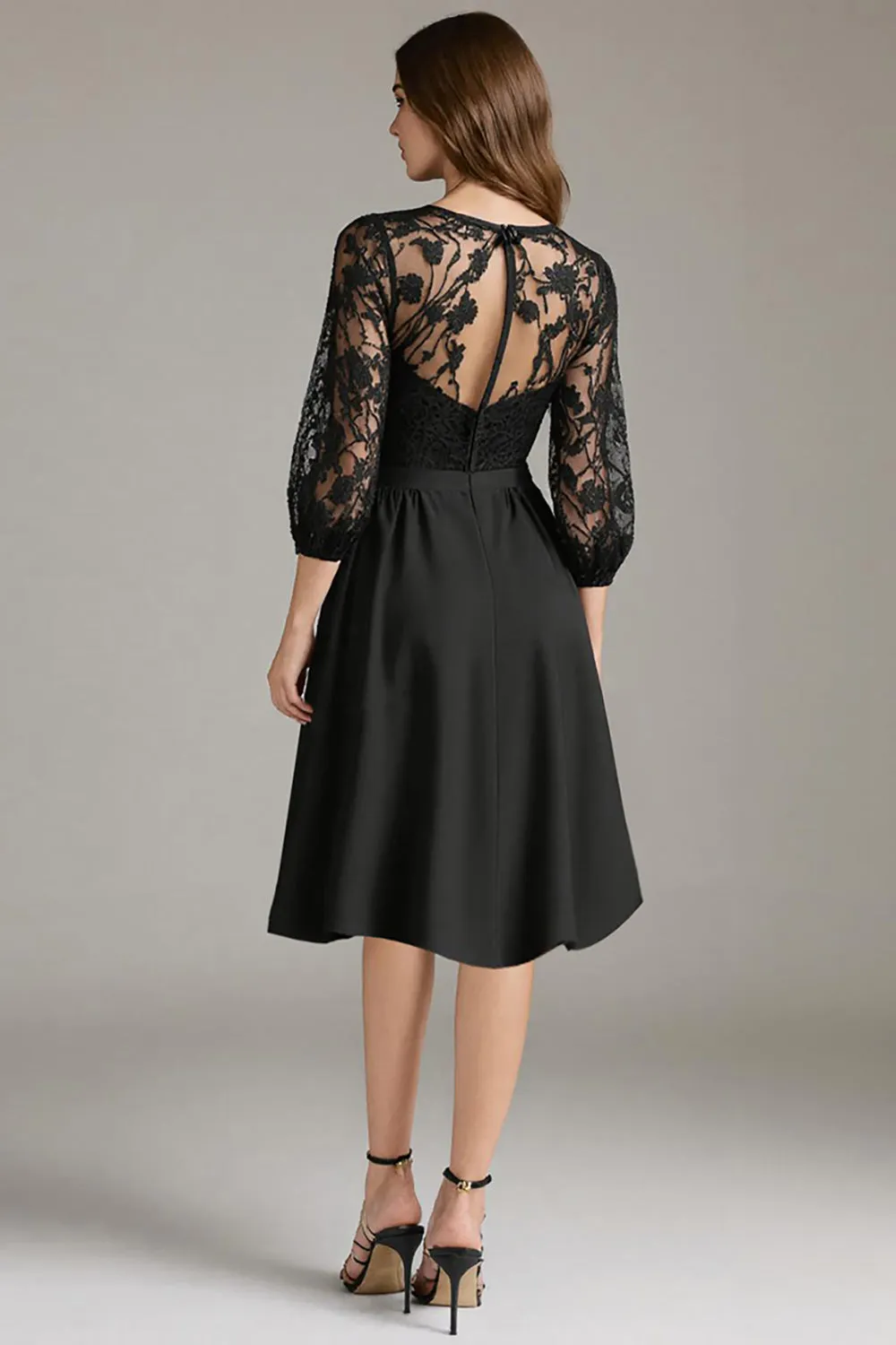 Black Lace A Line Round Neck Short Cocktail Dress with Sleeves sold by Zapaka product image thumbnail 2