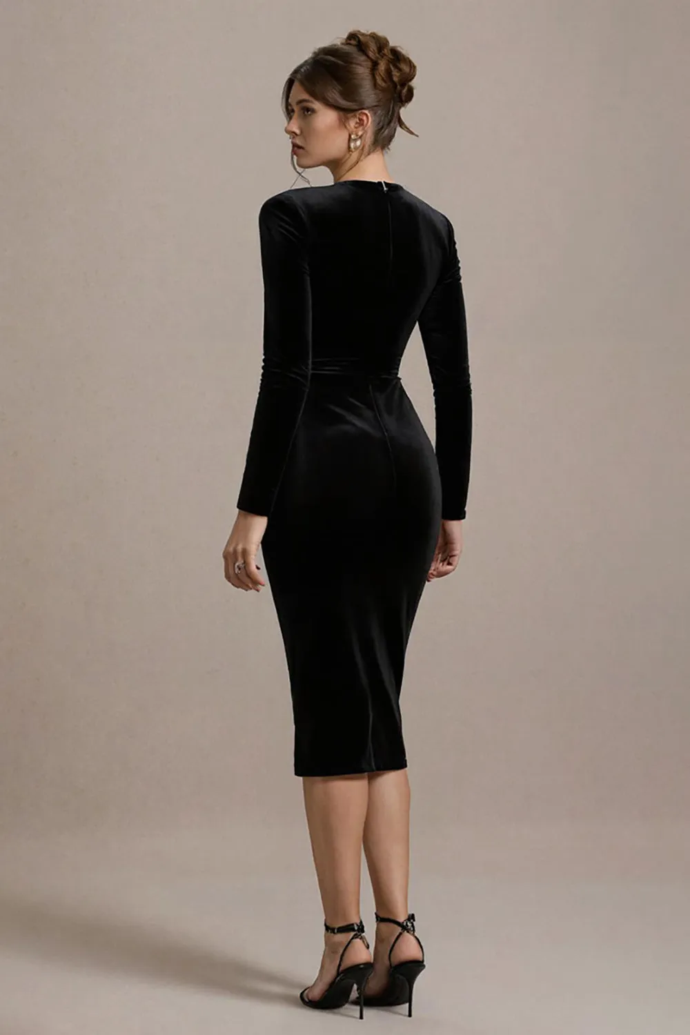 Black Velvet V-Neck Bodycon Midi Cocktail Dress with Sleeves sold by Zapaka product image thumbnail 2