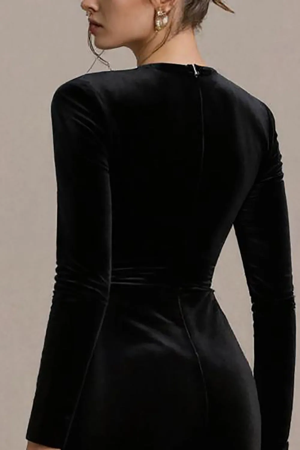 Black Velvet V-Neck Bodycon Midi Cocktail Dress with Sleeves sold by Zapaka product image thumbnail 4