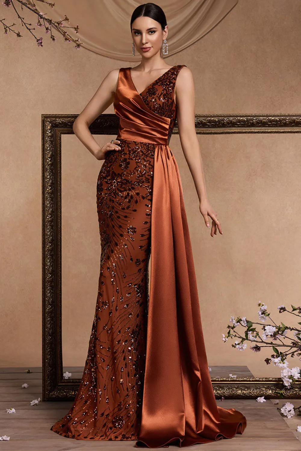 Brown Mermaid V Neck Sequin Formal Dress with Side Streamer sold by Zapaka product image thumbnail 5