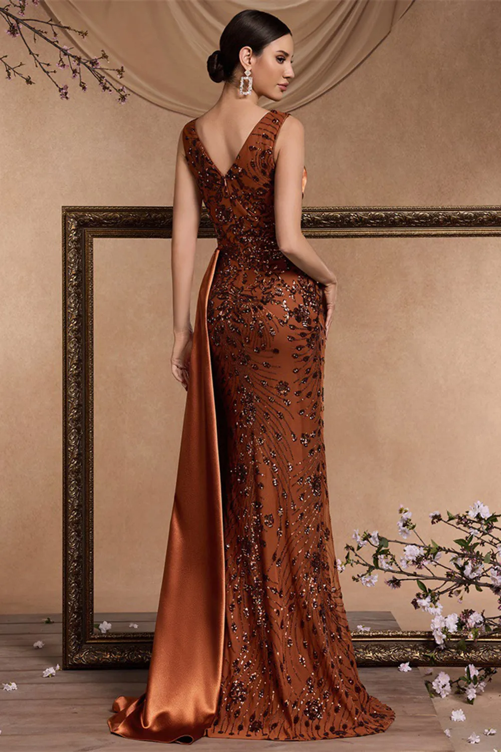Brown Mermaid V Neck Sequin Formal Dress with Side Streamer sold by Zapaka product image thumbnail 2