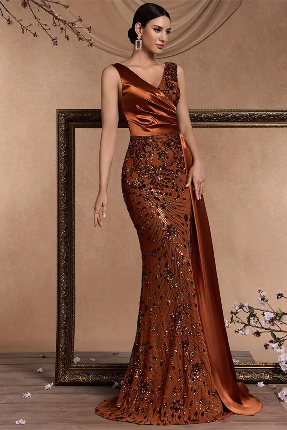 Brown Mermaid V Neck Sequin Formal Dress with Side Streamer sold by Zapaka product image thumbnail 3