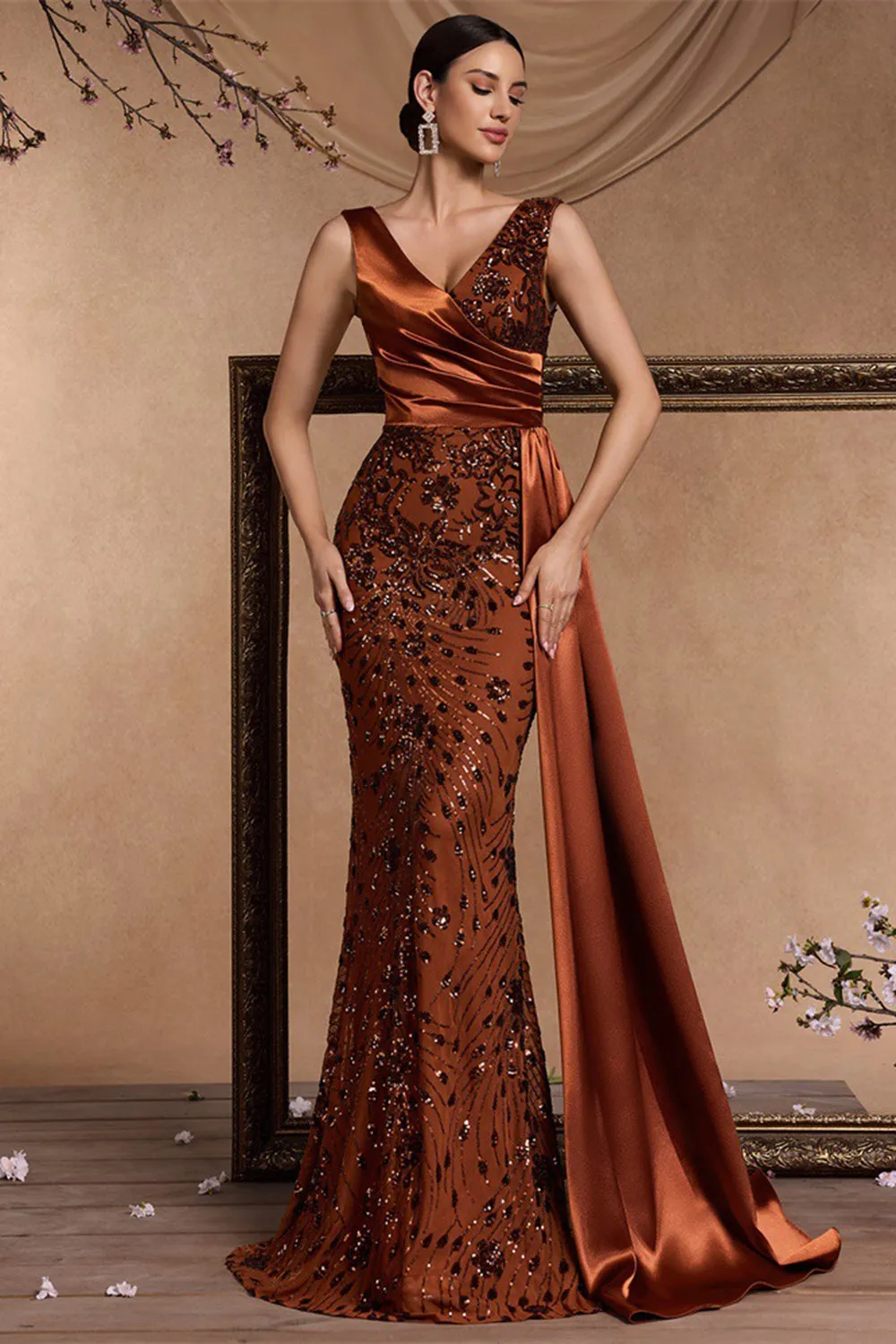 Brown Mermaid V Neck Sequin Formal Dress with Side Streamer sold by Zapaka product image thumbnail 4