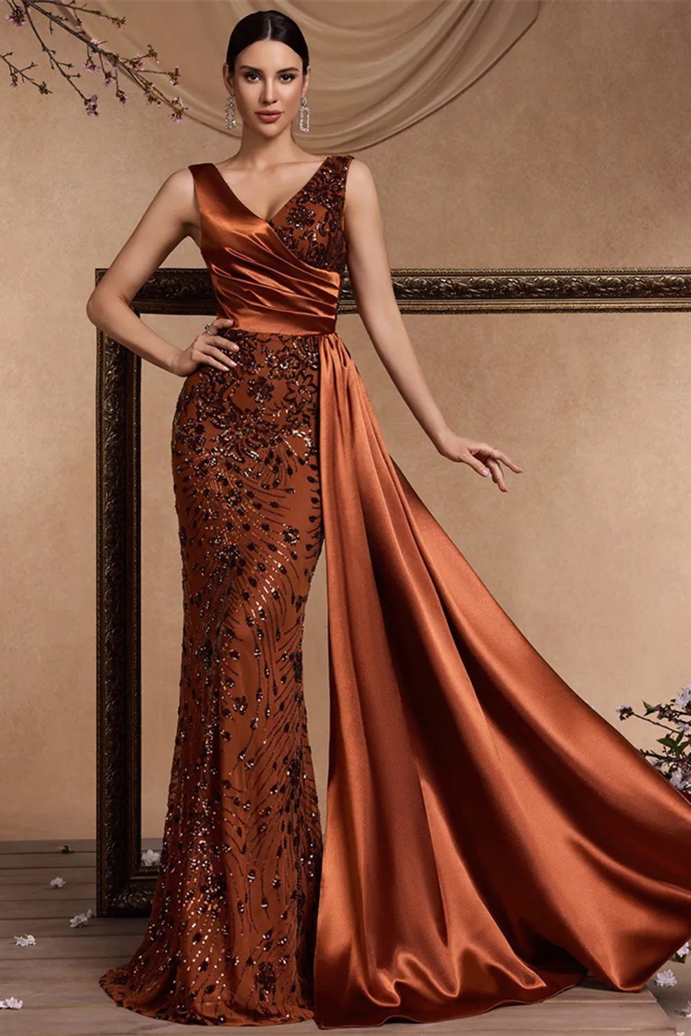 Brown Mermaid V Neck Sequin Formal Dress with Side Streamer sold by Zapaka
