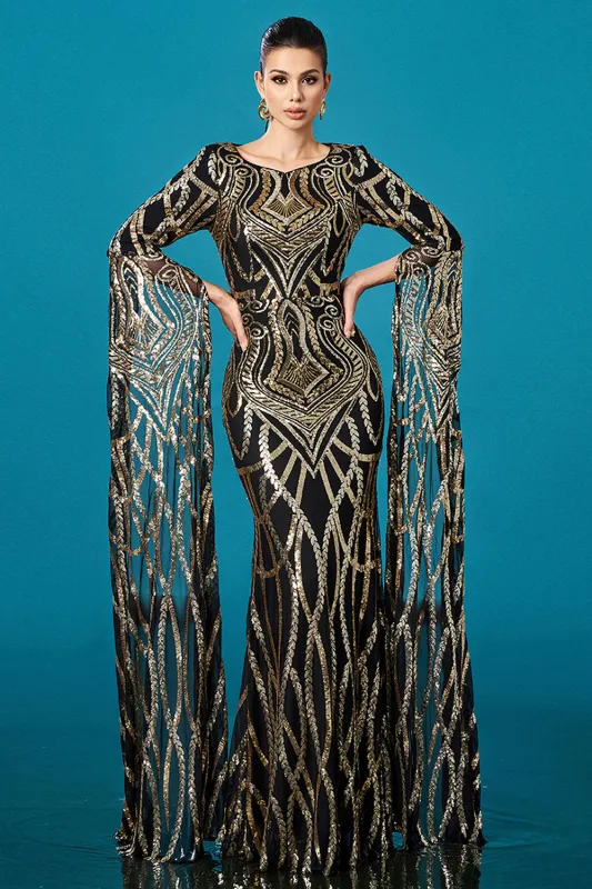 Black Golden Mermaid Long Sleeves Sequin Formal Dress sold by Zapaka