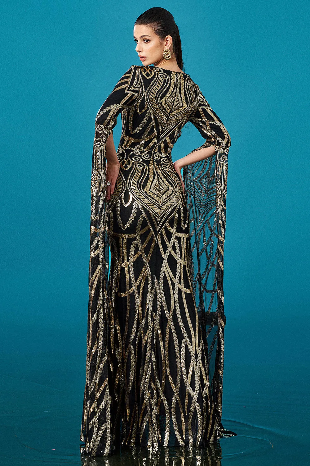 Black Golden Mermaid Long Sleeves Sequin Formal Dress sold by Zapaka product image thumbnail 2