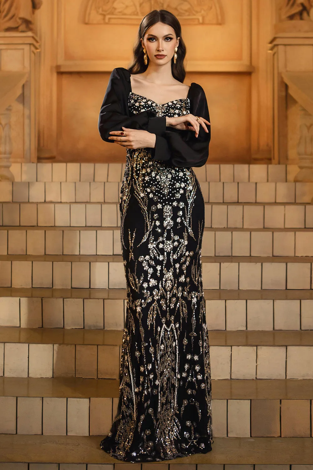 Black Golden Long Sleeve Mermaid Sequin Formal Dress sold by Zapaka product image thumbnail 5