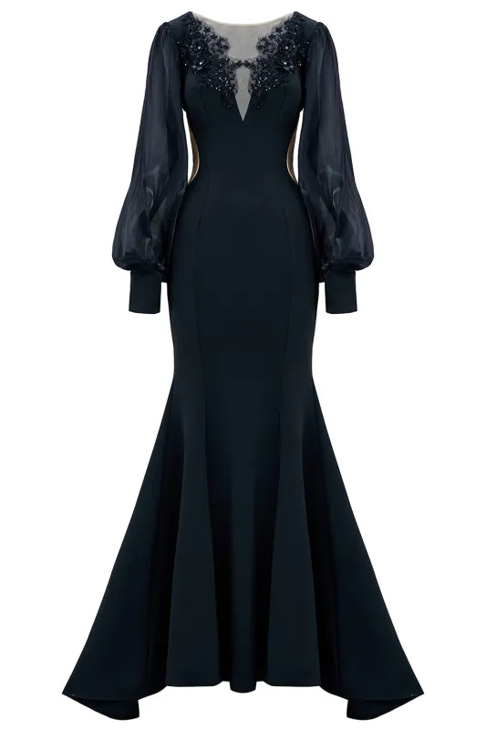 Black Mermaid Long Sleeve Mother of the Bride Dress with Appliques sold by Zapaka