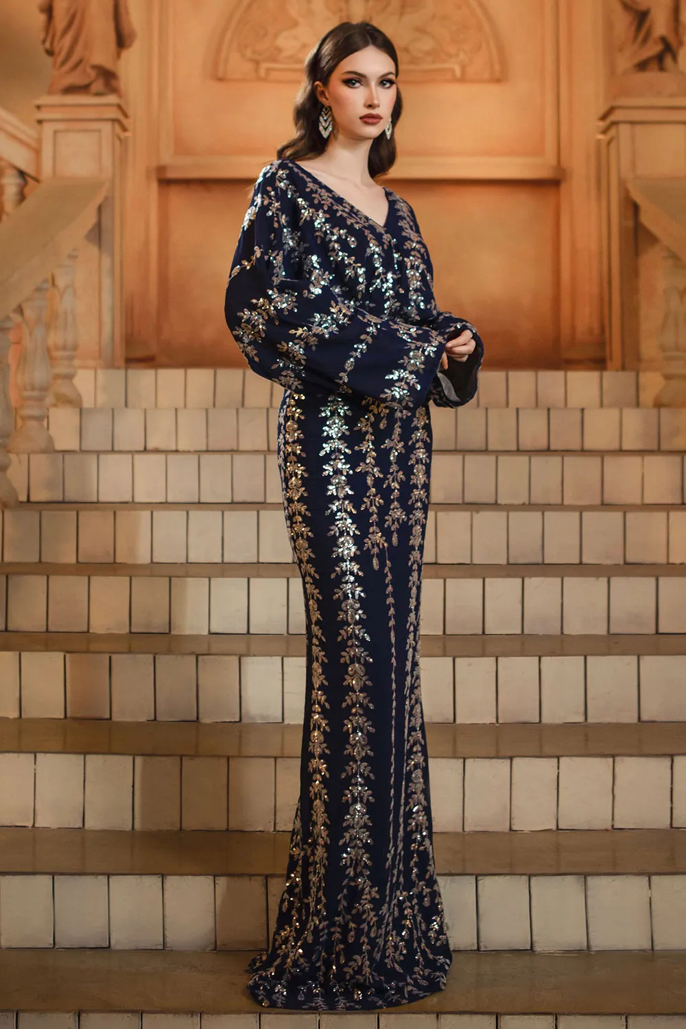 Sparkly Navy V-Neck Sheath Long Sleeve Formal Dress sold by Zapaka product image thumbnail 3
