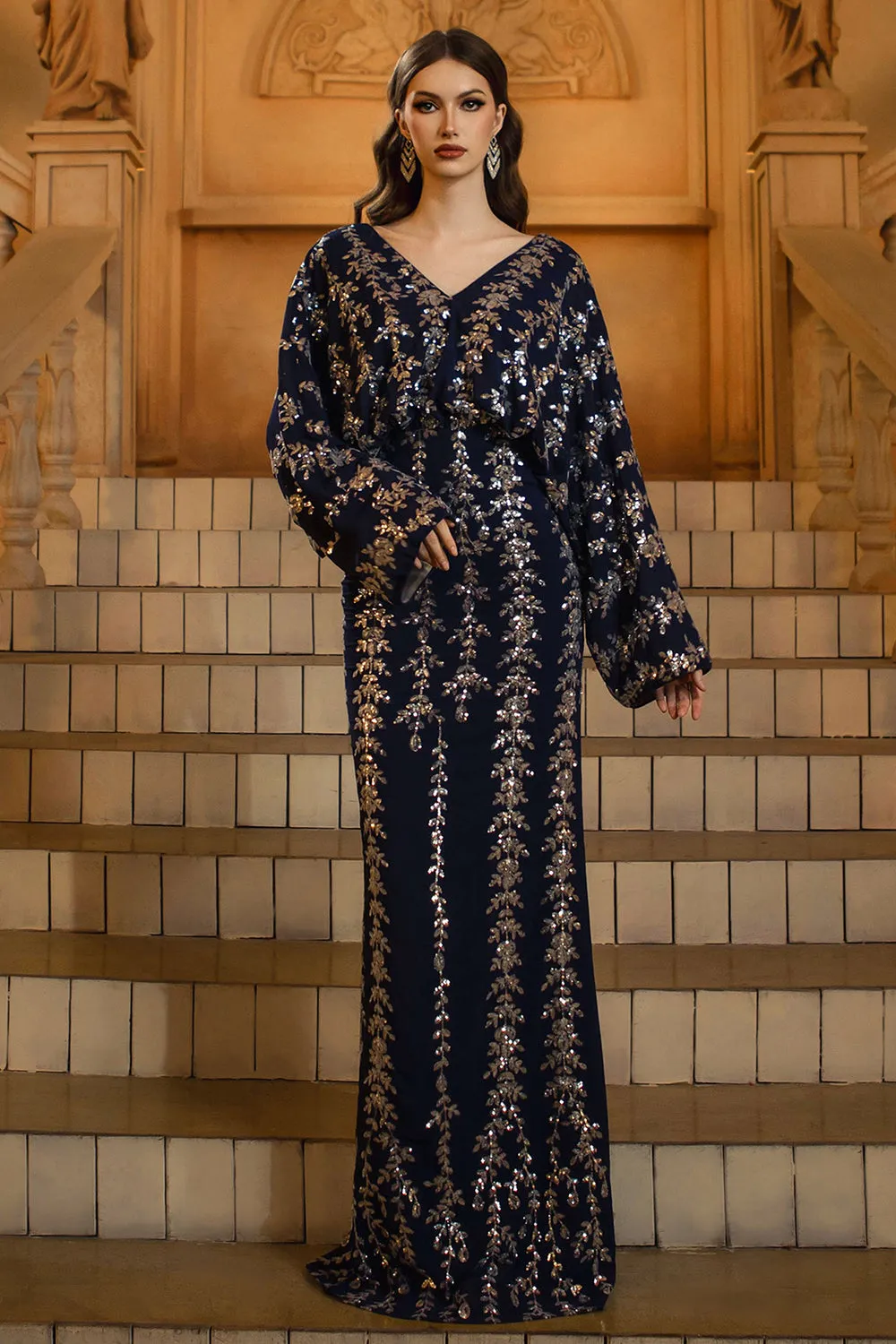 Sparkly Navy V-Neck Sheath Long Sleeve Formal Dress sold by Zapaka product image thumbnail 5