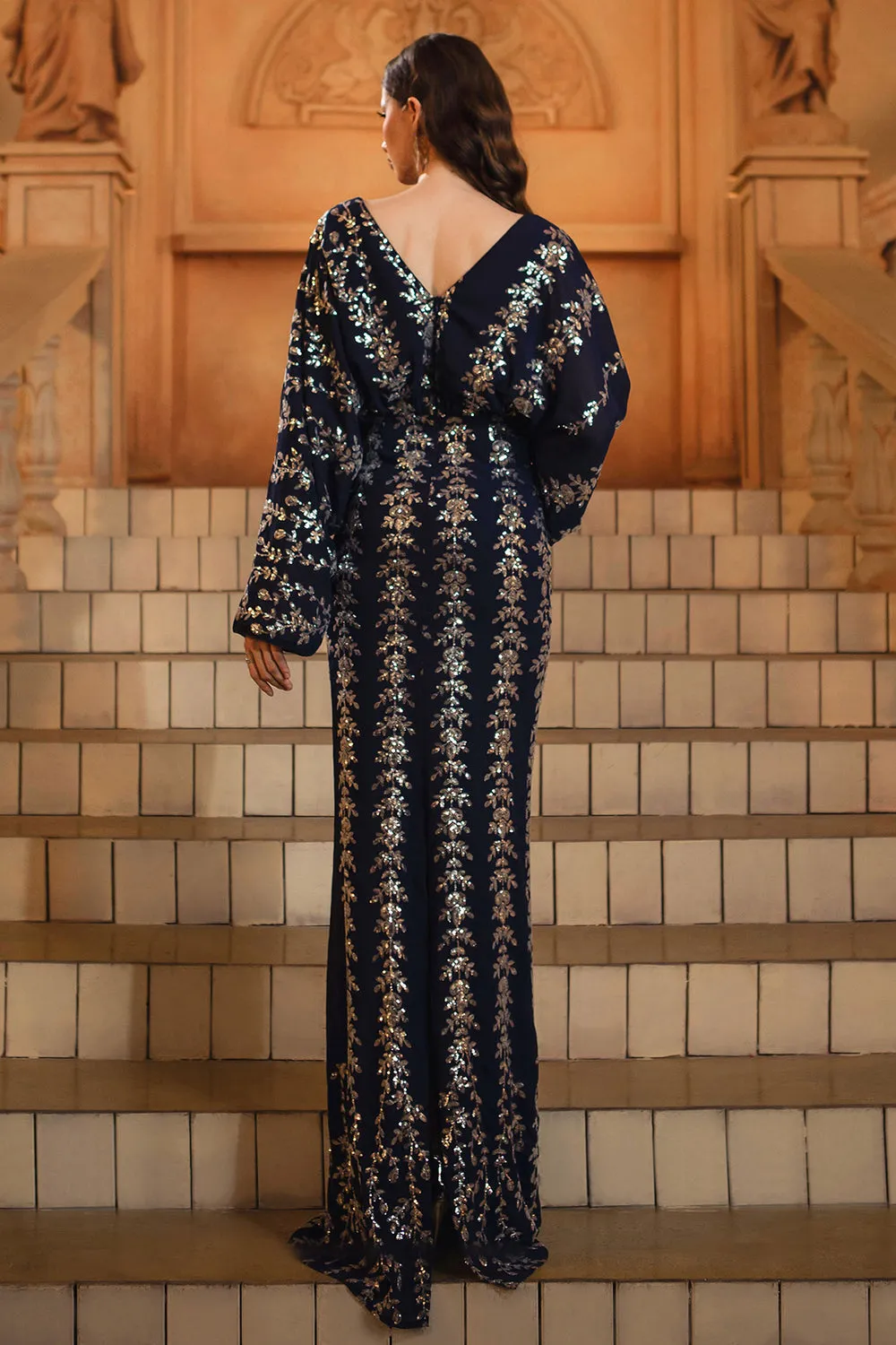 Sparkly Navy V-Neck Sheath Long Sleeve Formal Dress sold by Zapaka product image thumbnail 2