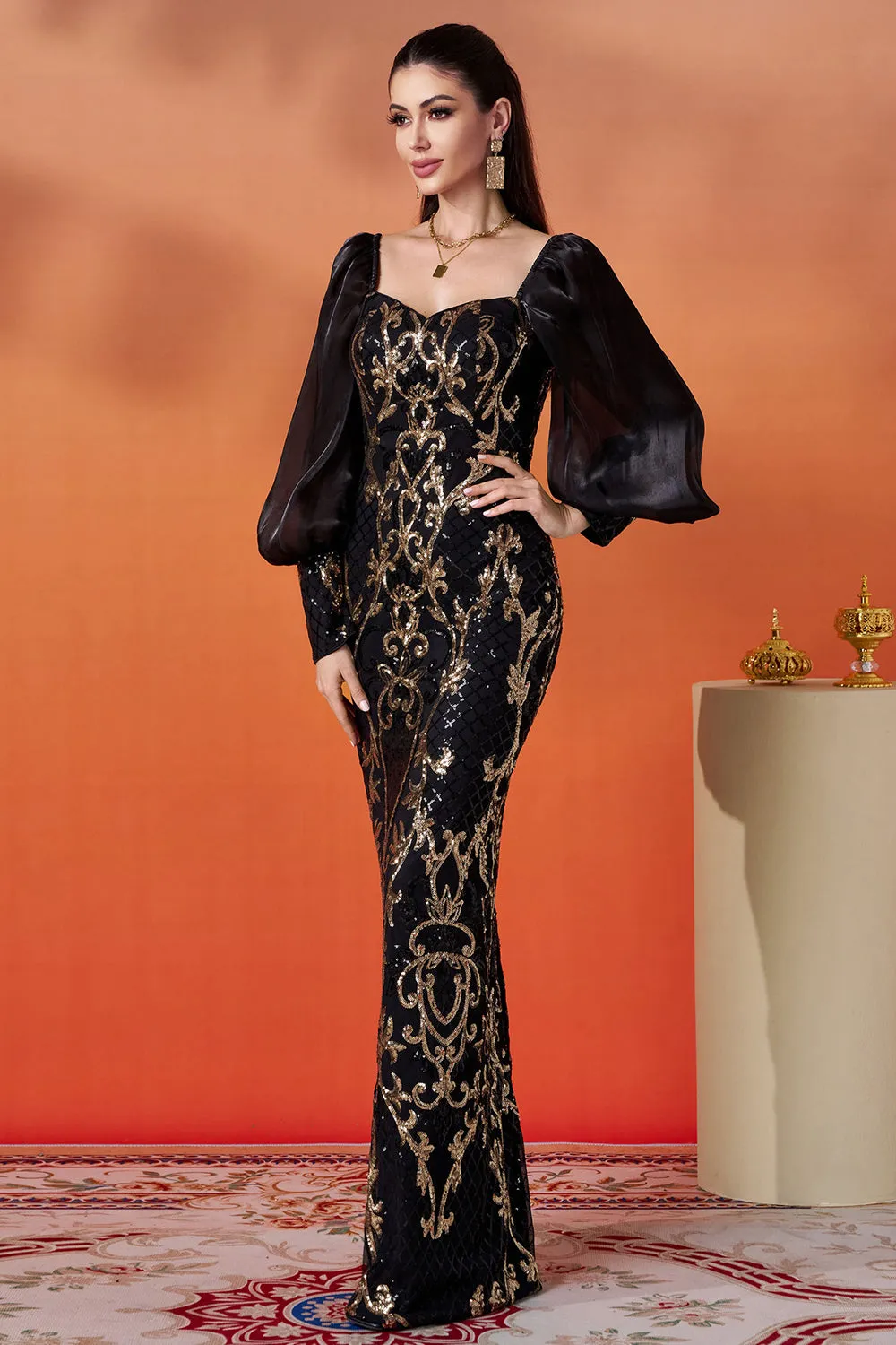 Sparkly Black Golden Mermaid Long Sleeve Formal Dress sold by Zapaka product image thumbnail 4