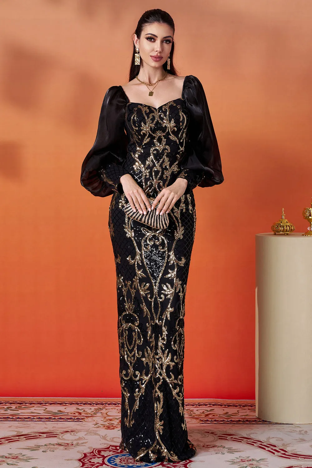 Sparkly Black Golden Mermaid Long Sleeve Formal Dress sold by Zapaka