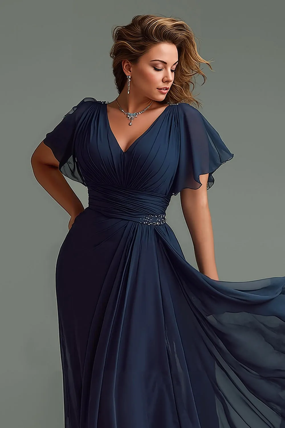 Navy A Line V-Neck Chiffon Long Mother of the Bride Dress sold by Zapaka product image thumbnail 3