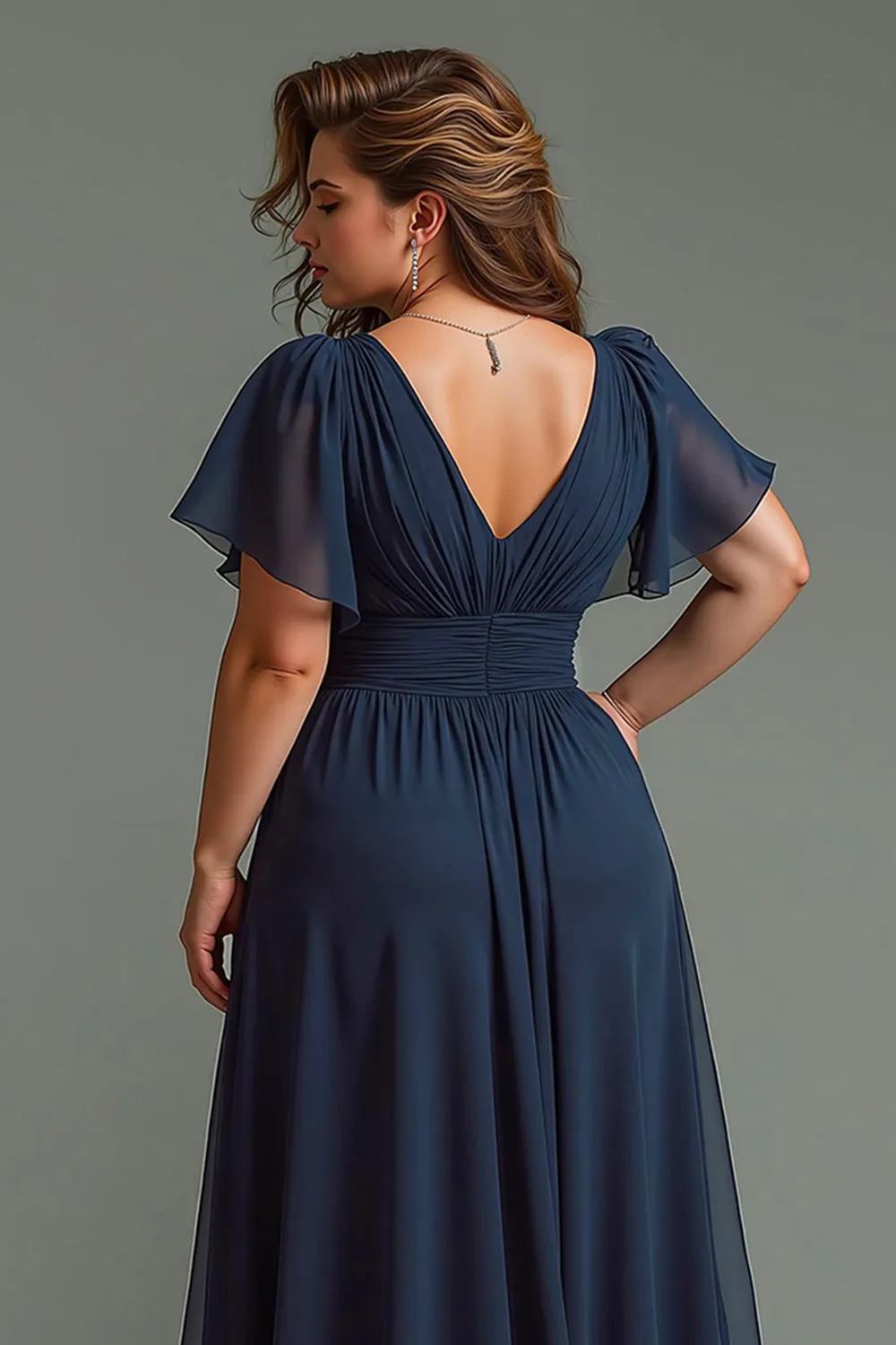 Navy A Line V-Neck Chiffon Long Mother of the Bride Dress sold by Zapaka product image thumbnail 4