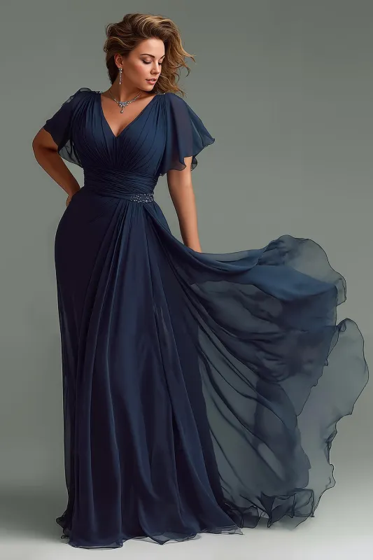 Navy A Line V-Neck Chiffon Long Mother of the Bride Dress sold by Zapaka