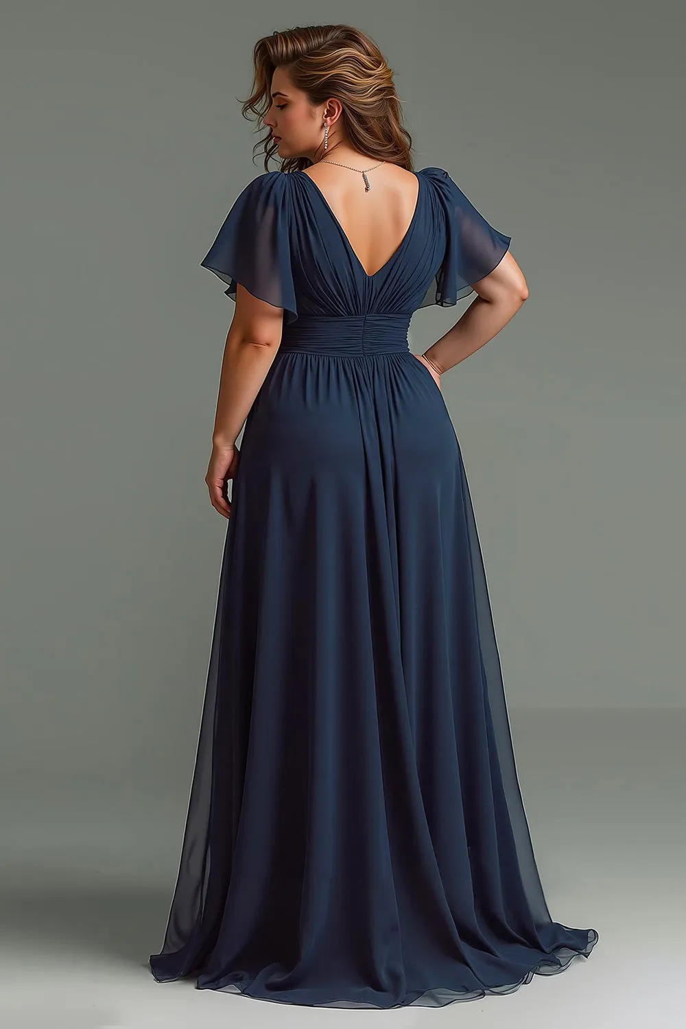 Navy A Line V-Neck Chiffon Long Mother of the Bride Dress sold by Zapaka product image thumbnail 2