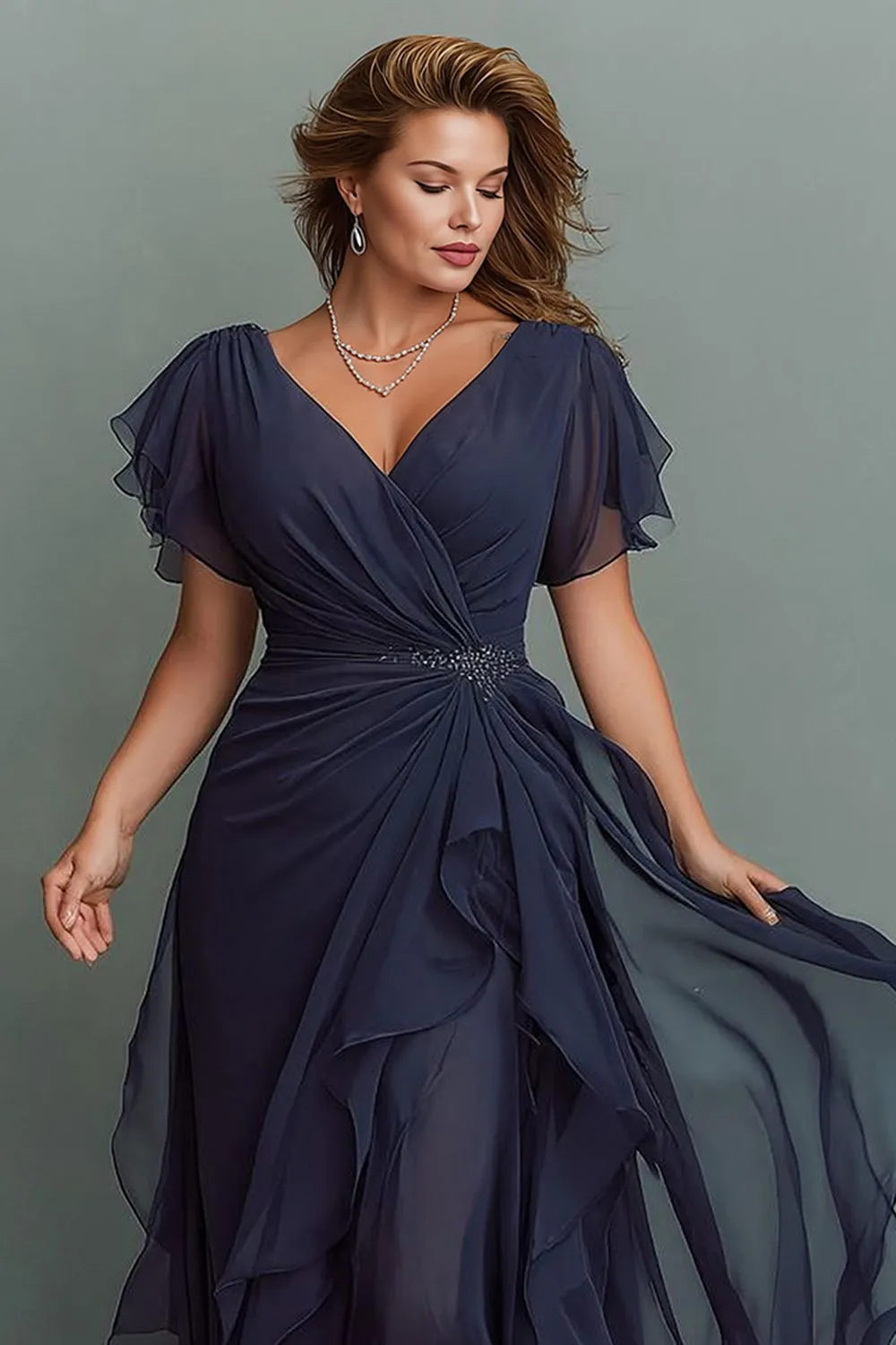Navy V-Neck Maxi Mother of the Bride Dress with Ruffles sold by Zapaka product image thumbnail 3