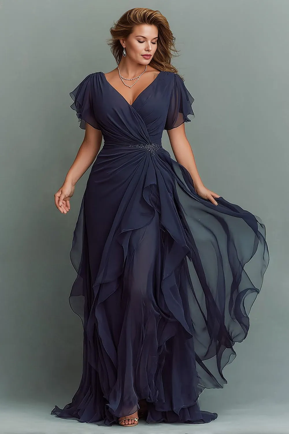 Navy V-Neck Maxi Mother of the Bride Dress with Ruffles sold by Zapaka