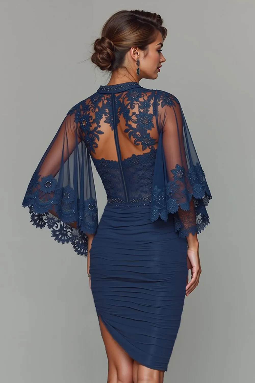 Navy Bodycon Round Neck Ruched Short Mother of the Bride Dress with Appliques sold by Zapaka product image thumbnail 4