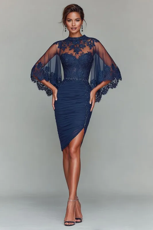 Navy Bodycon Round Neck Ruched Short Mother of the Bride Dress with Appliques sold by Zapaka
