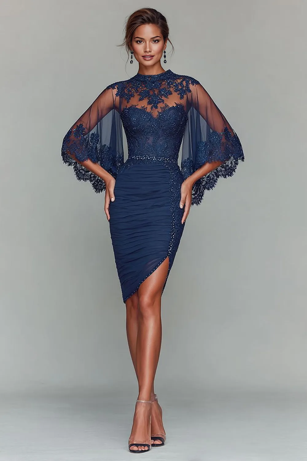 Navy Bodycon Round Neck Ruched Short Mother of the Bride Dress with Appliques sold by Zapaka