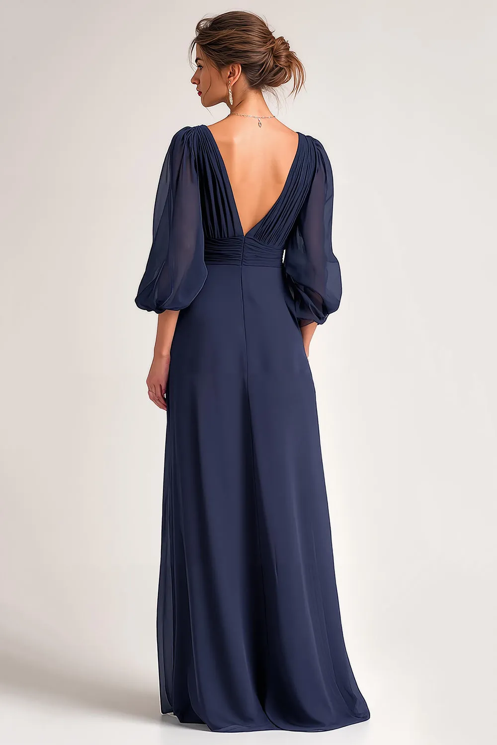 Navy Long V-Neck A Line Mother of the Bride Dress with Sleeves sold by Zapaka product image thumbnail 2
