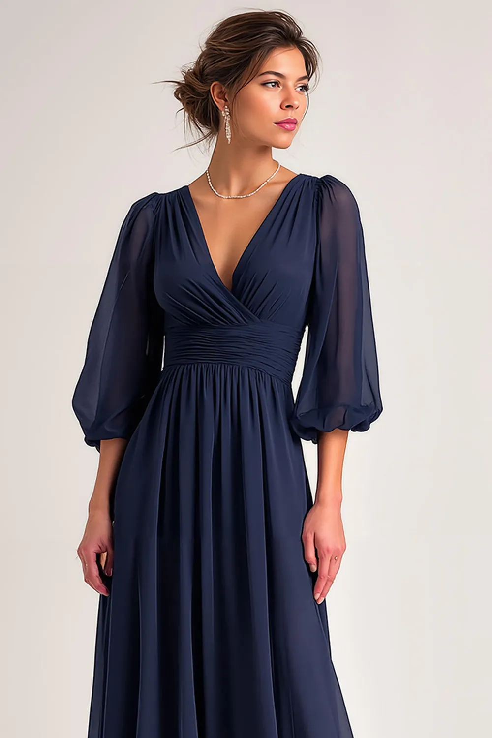 Navy Long V-Neck A Line Mother of the Bride Dress with Sleeves sold by Zapaka product image thumbnail 3