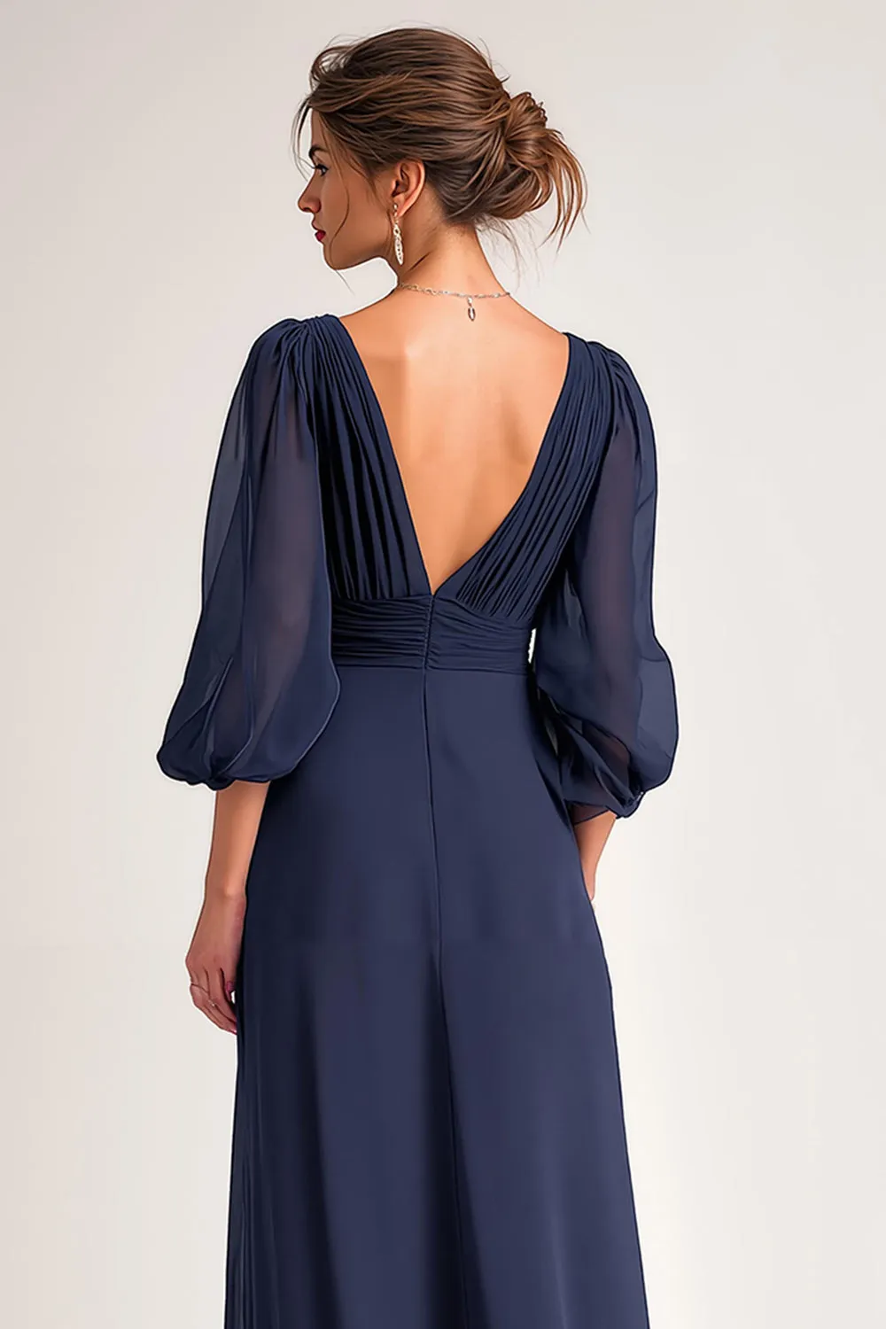 Navy Long V-Neck A Line Mother of the Bride Dress with Sleeves sold by Zapaka product image thumbnail 4