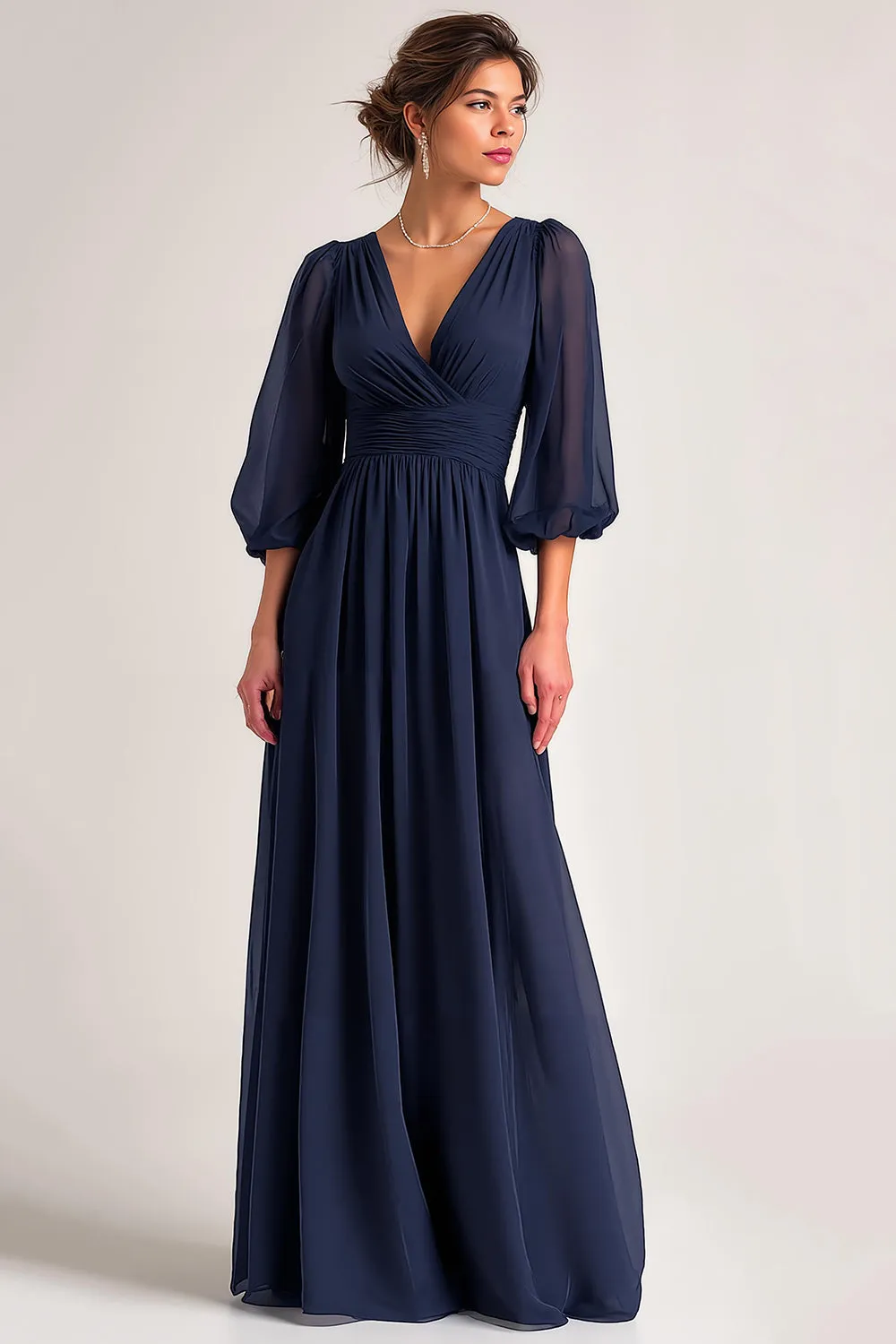 Navy Long V-Neck A Line Mother of the Bride Dress with Sleeves sold by Zapaka