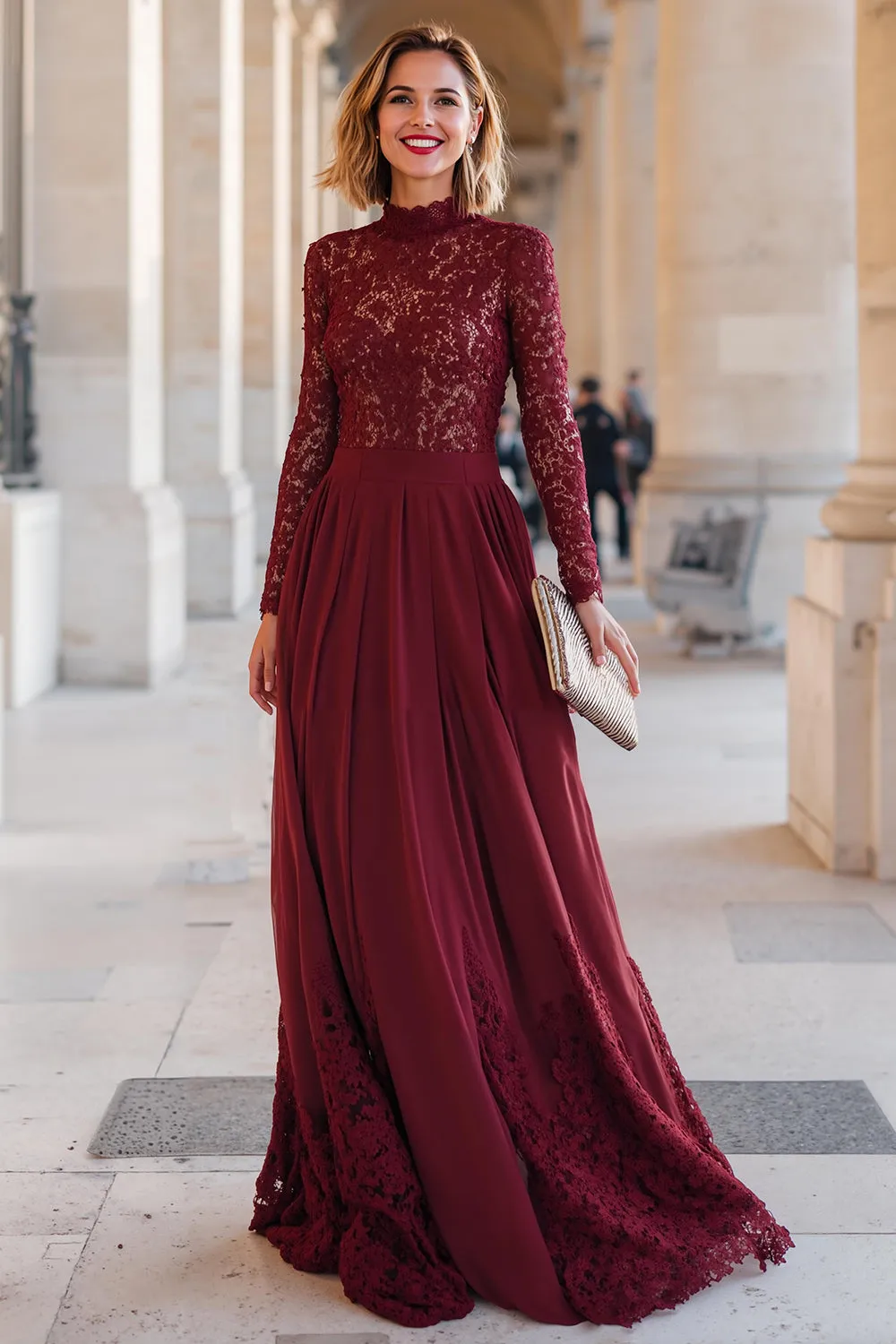 Burgundy A-Line High Neck Applique Mother of the Bride Dress sold by Zapaka