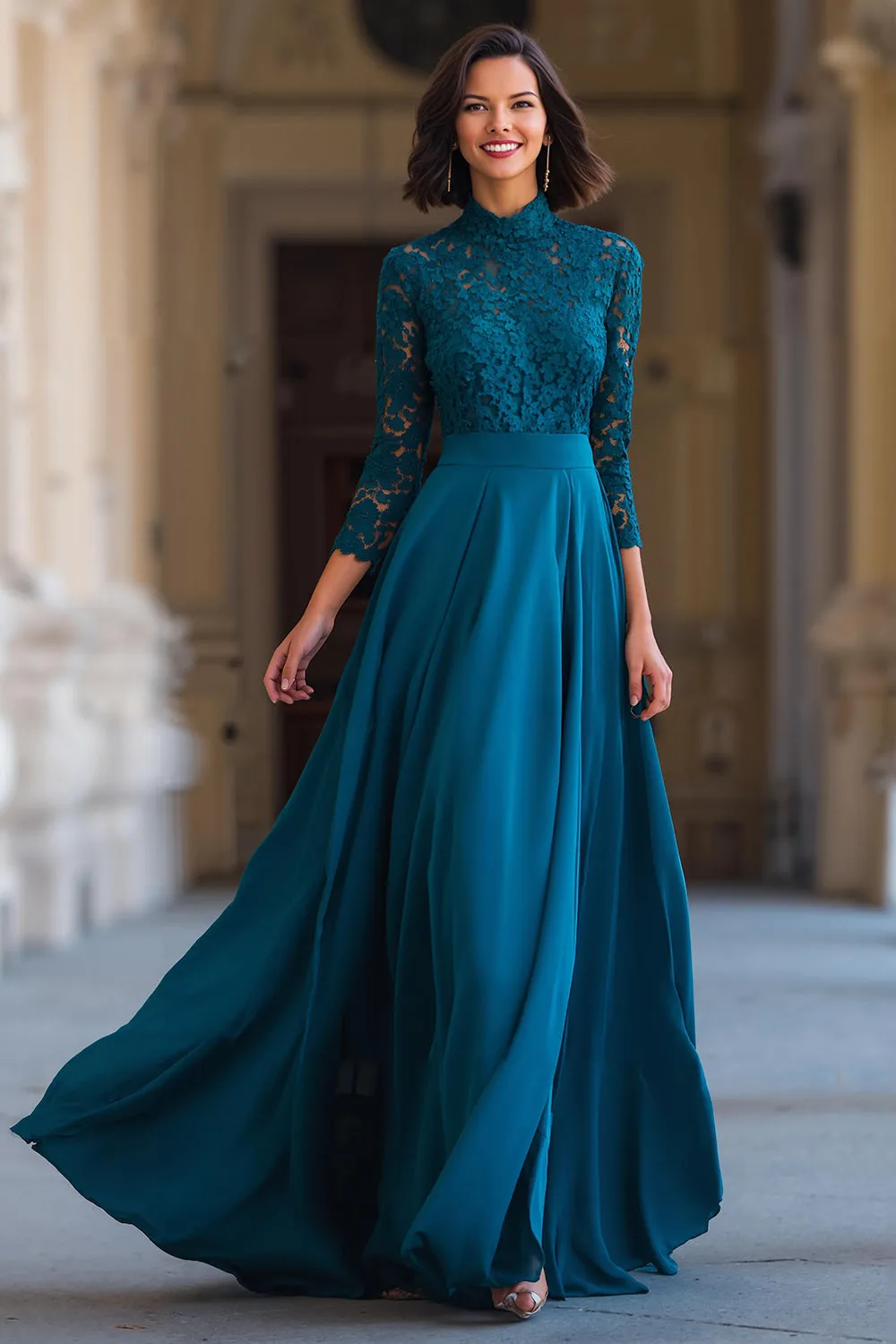 Peacock Blue A-Line High Neck Long Mother of the Bride Dress sold by Zapaka