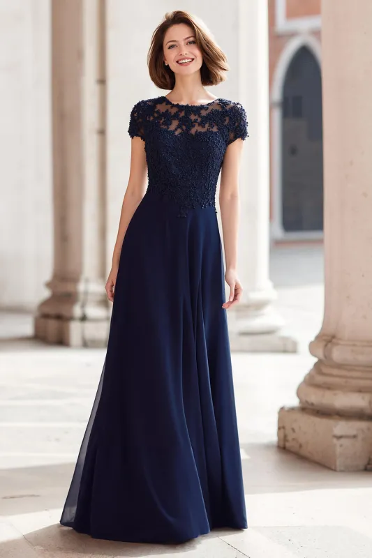 A-Line Navy Lace Appliques Long Mother of the Bride Dress sold by Zapaka