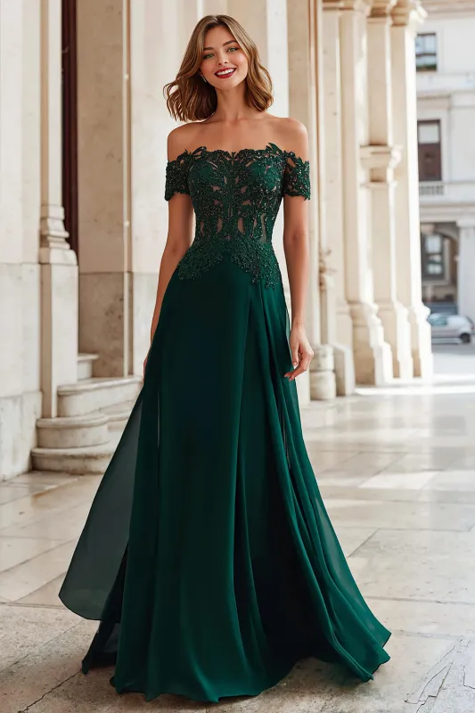 A-Line Off the Shoulder Applique Pine Mother of the Bride Dress sold by Zapaka