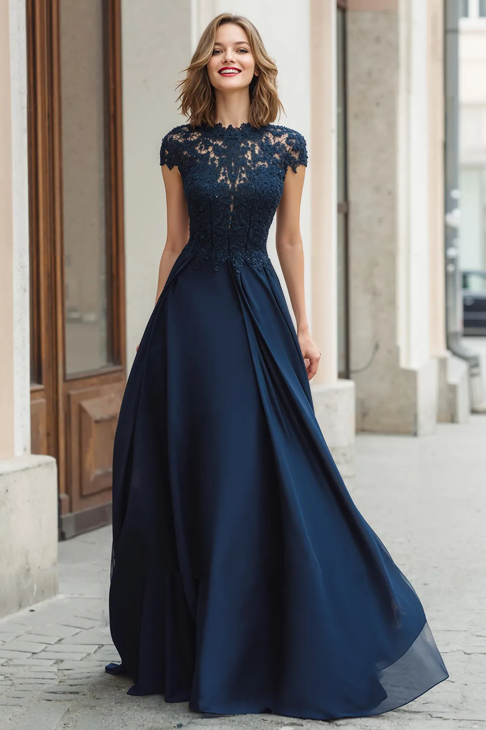 Navy Long Lace Applique A-Line Mother of the Bride Dress sold by Zapaka