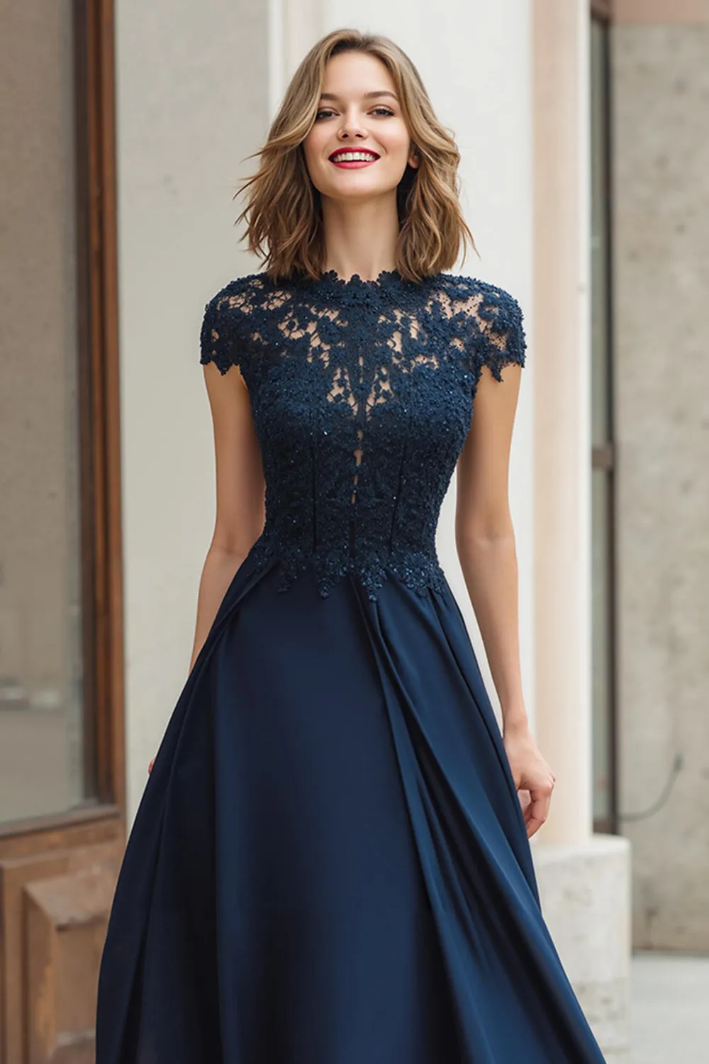 Navy Long Lace Applique A-Line Mother of the Bride Dress sold by Zapaka product image thumbnail 3