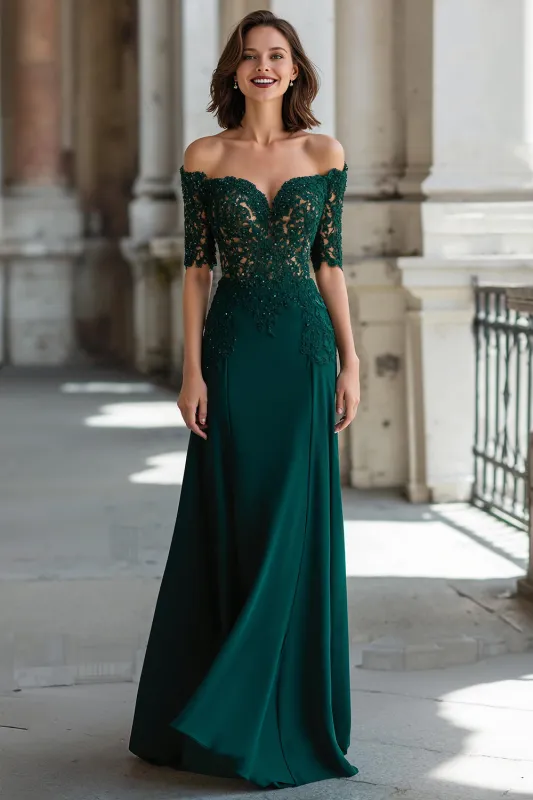A-Line Dark Green Off the Shoulder Applique Long Mother of the Bride Dress sold by Zapaka