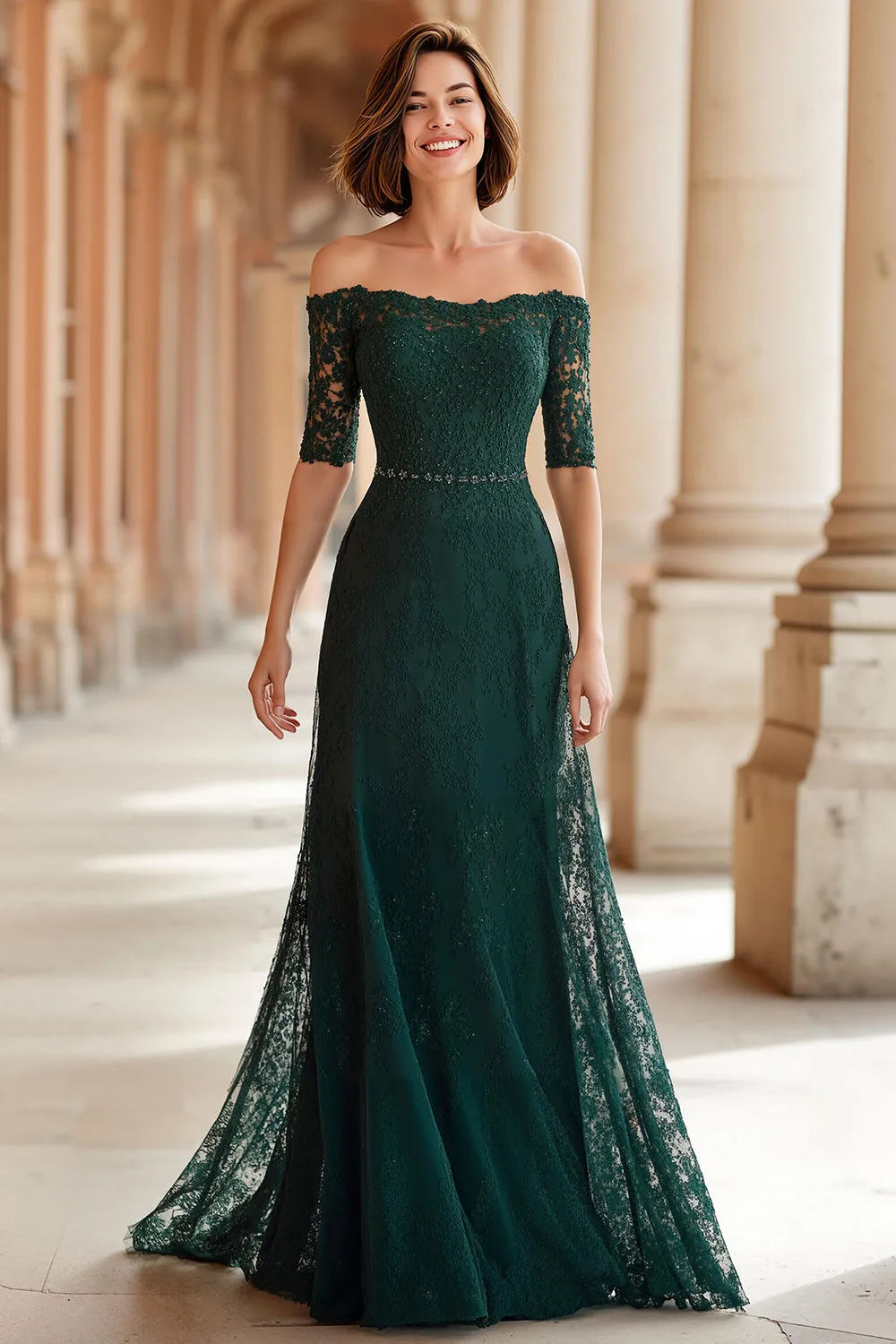 Dark Green A-Line Off the Shoulder Lace Appliques Mother of the Bride Dress sold by Zapaka