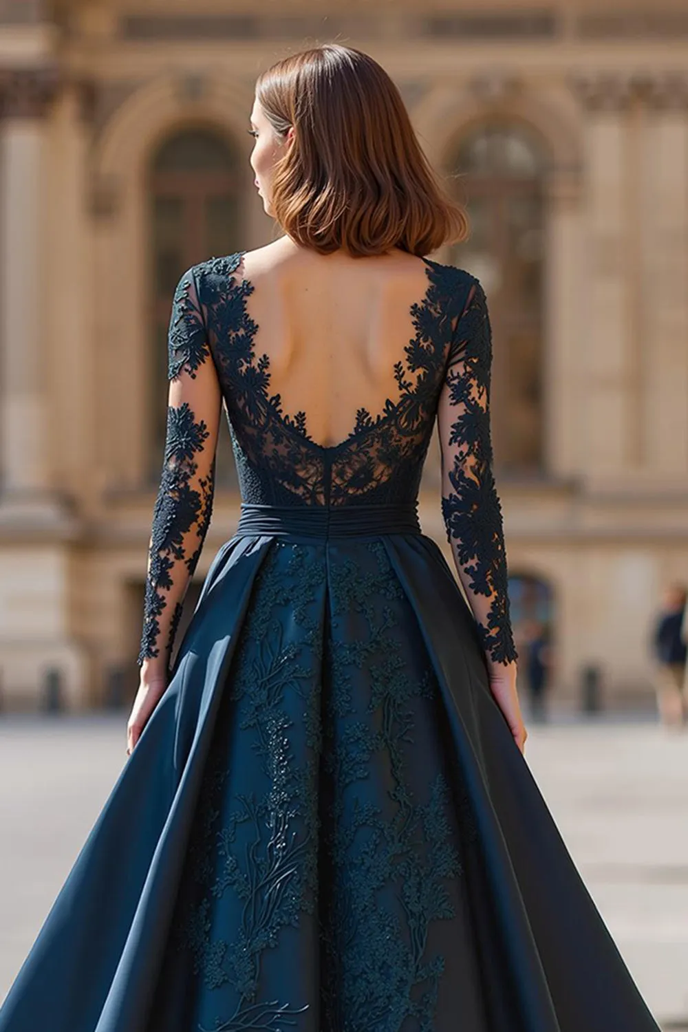 A-Line Navy V-Neck Lace Applique Satin Mother of the Bride Dress sold by Zapaka product image thumbnail 4