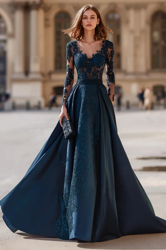 A-Line Navy V-Neck Lace Applique Satin Mother of the Bride Dress sold by Zapaka