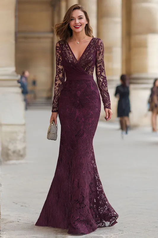 Cabernet Mermaid V-Neck Lace Applique Mother of the Bride Dress sold by Zapaka