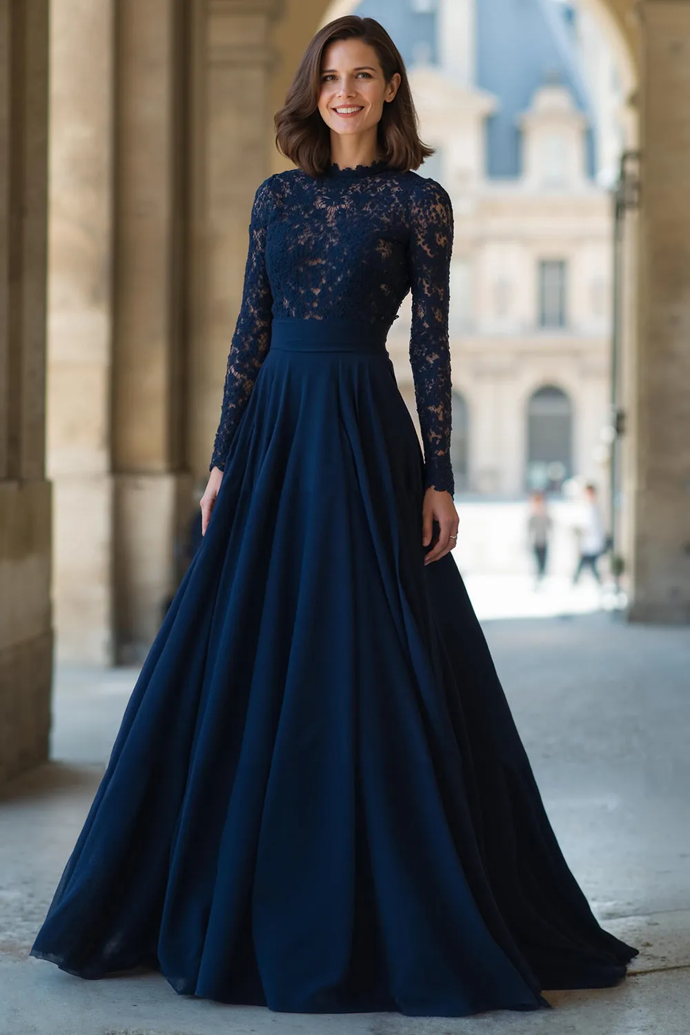 A-Line High Neck Navy Lace Applique Mother of the Bride Dress sold by Zapaka