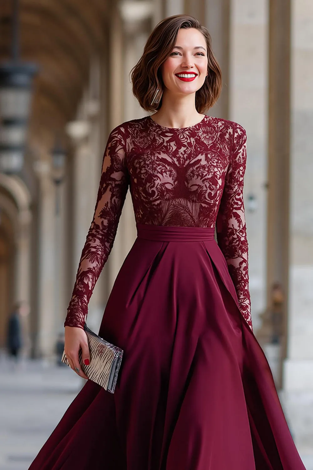 Cabernet Chiffon A Line Long Sleeves Mother Of The Bride Dress with Lace sold by Zapaka product image thumbnail 3