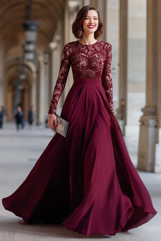 Cabernet Chiffon A Line Long Sleeves Mother Of The Bride Dress with Lace sold by Zapaka