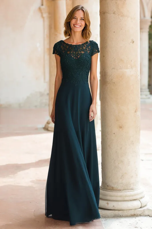 Peacock Green Round Neck Chiffon A-Line Long Mother of the Bride Dress with Sleeves sold by Zapaka