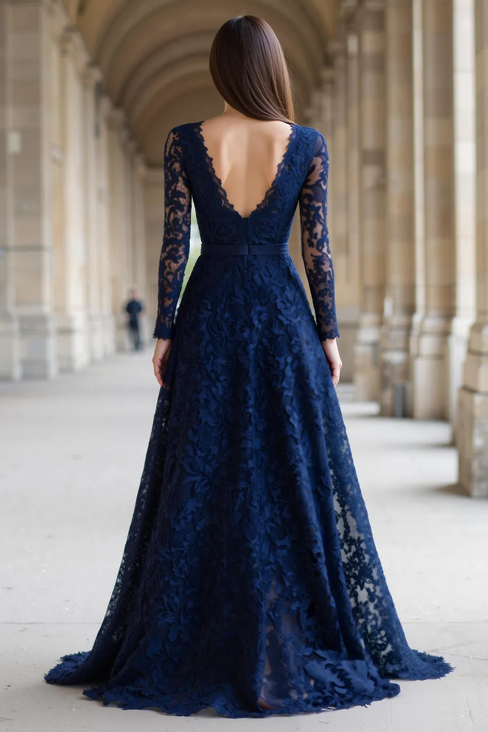 Navy V-Neck Long Sleeves A-Line Lace Long Mother of the Bride Dress sold by Zapaka product image thumbnail 2