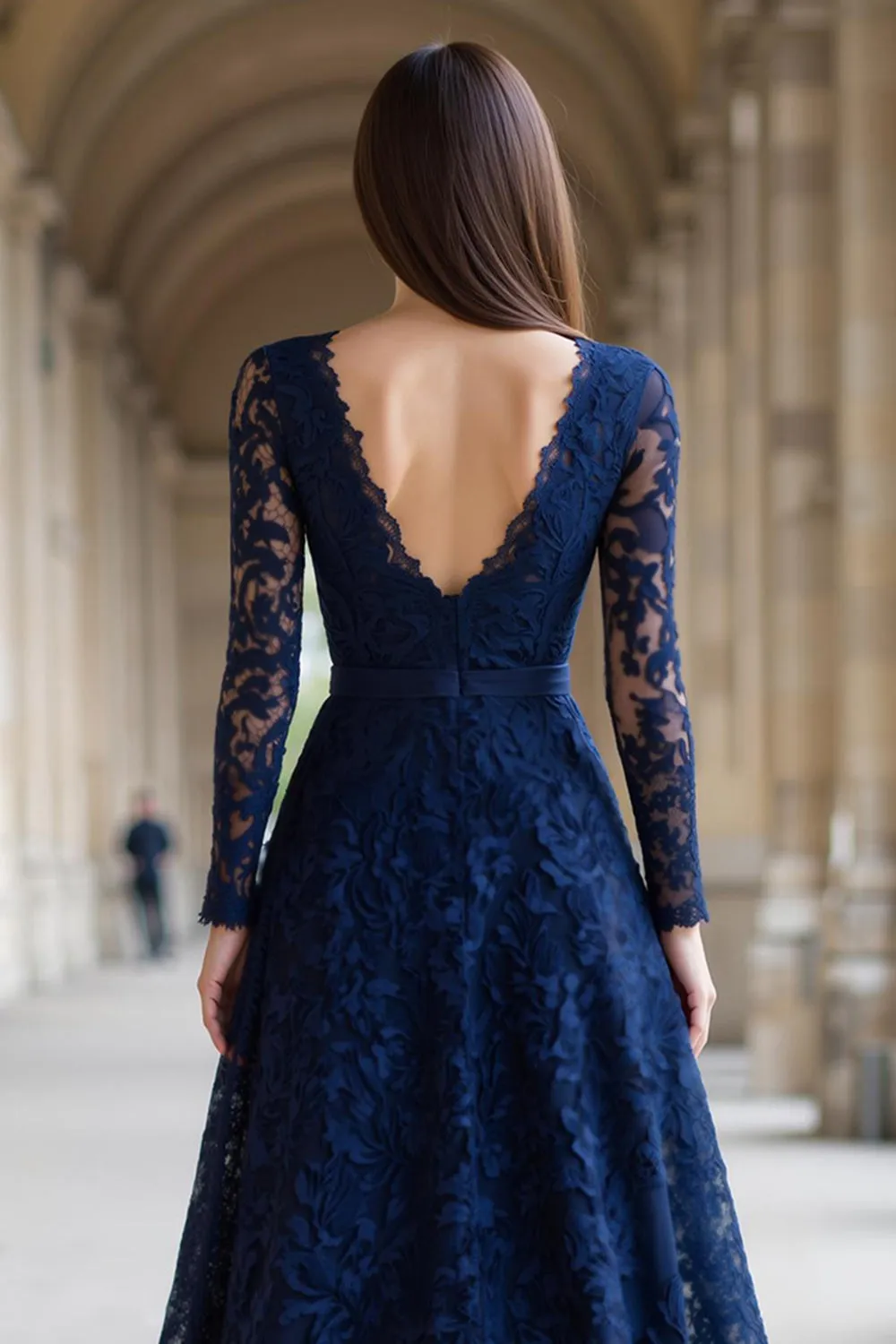 Navy V-Neck Long Sleeves A-Line Lace Long Mother of the Bride Dress sold by Zapaka product image thumbnail 4
