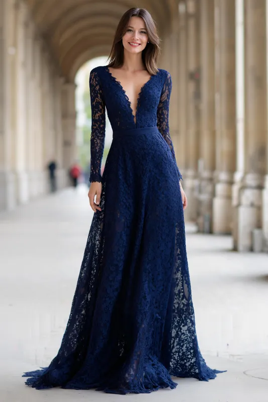 Navy V-Neck Long Sleeves A-Line Lace Long Mother of the Bride Dress sold by Zapaka
