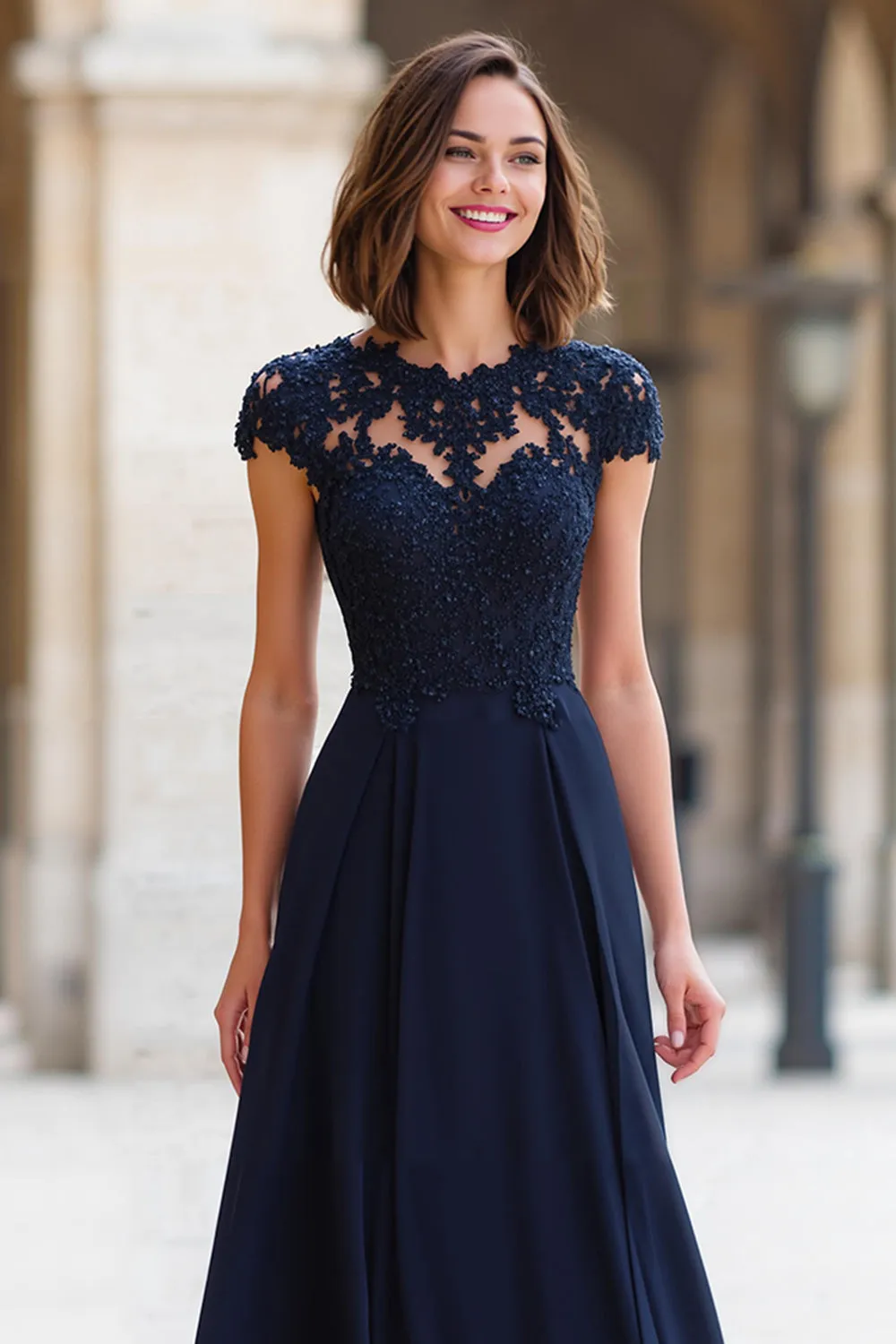 Navy Chiffon Round Neck A-Line Long Mother of the Bride Dress with Lace sold by Zapaka product image thumbnail 3